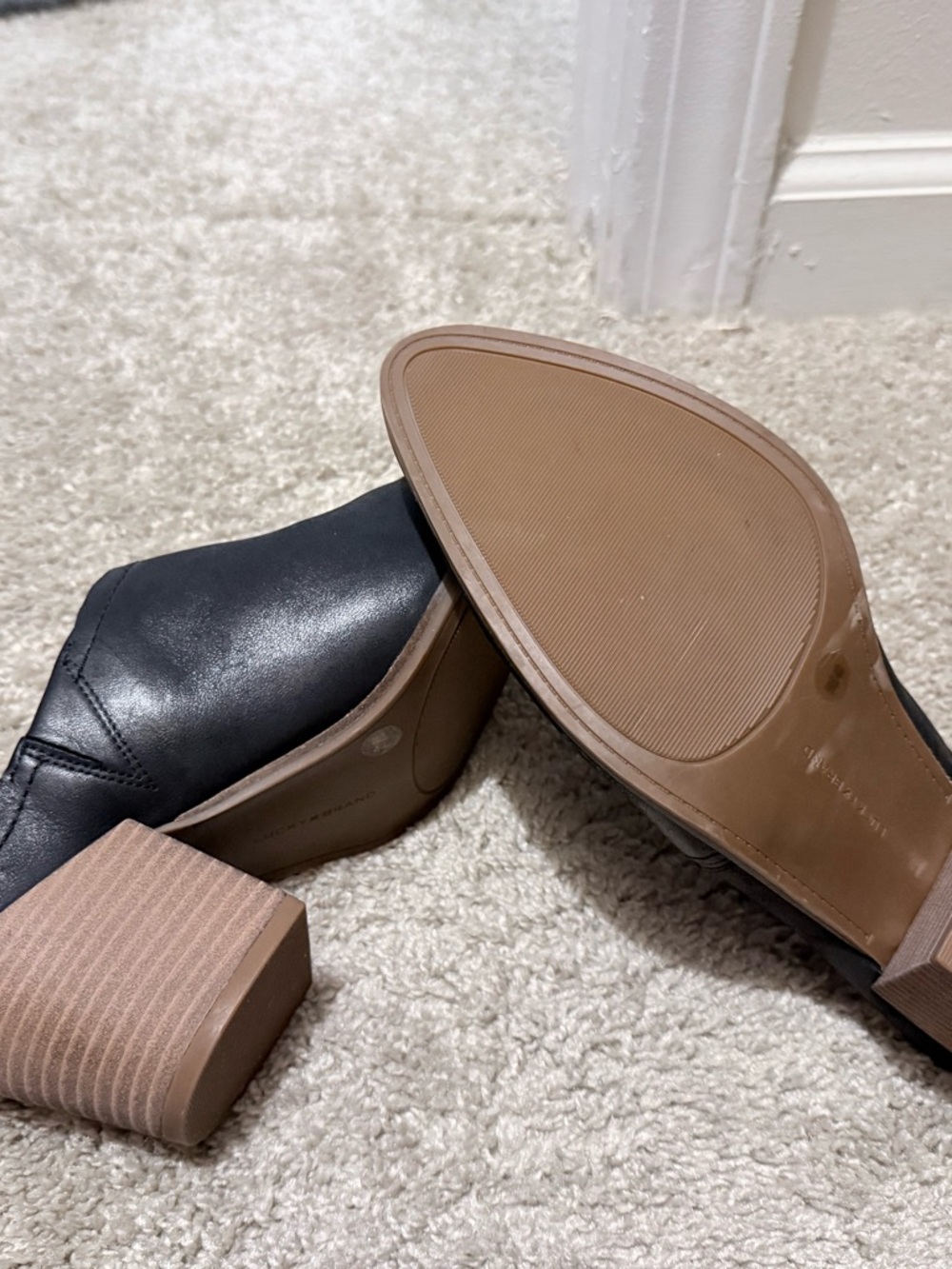 Lucky Brand Black and Tan Heeled Ankle Boots